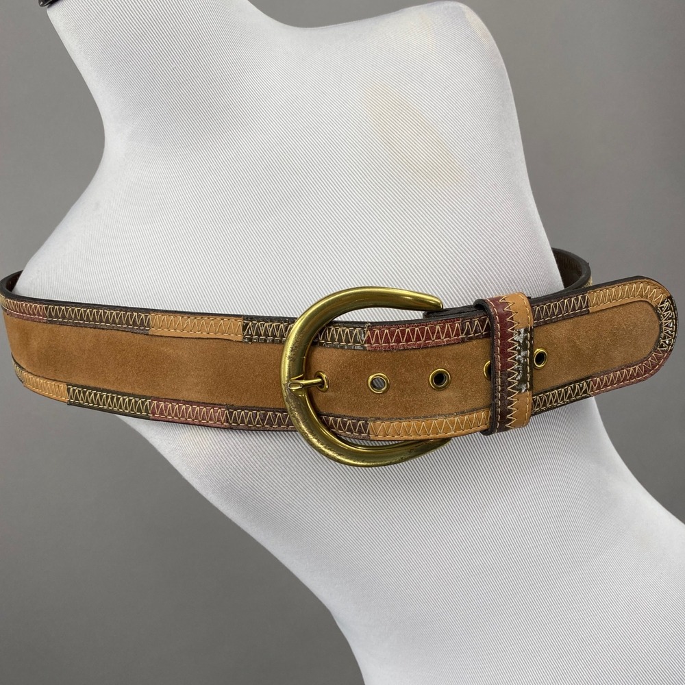 Fossil Patchwork Leather Belt Womens Large Brown Suede Boho Western Hippie